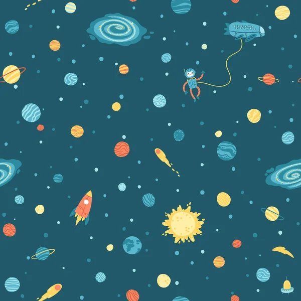Γαλαξίας κοσμική απρόσκοπτη μοτίβο με πλανήτες, αστέρια και κομήτες. Παιδική διανυσματική χειροποίητη εικονογράφηση κινουμένων σχεδίων σε απλό σκανδιναβικό στυλ. Πολύχρωμο απομονωμένο σε σκοτεινό φόντο — Διανυσματικό Αρχείο