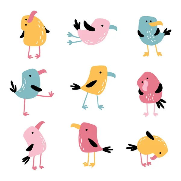 Pájaros tropicales divertidos. Vector loros coloridos en estilo de dibujos animados planos simples dibujados a mano. Personajes aislados coloridos sobre un fondo blanco . — Vector de stock