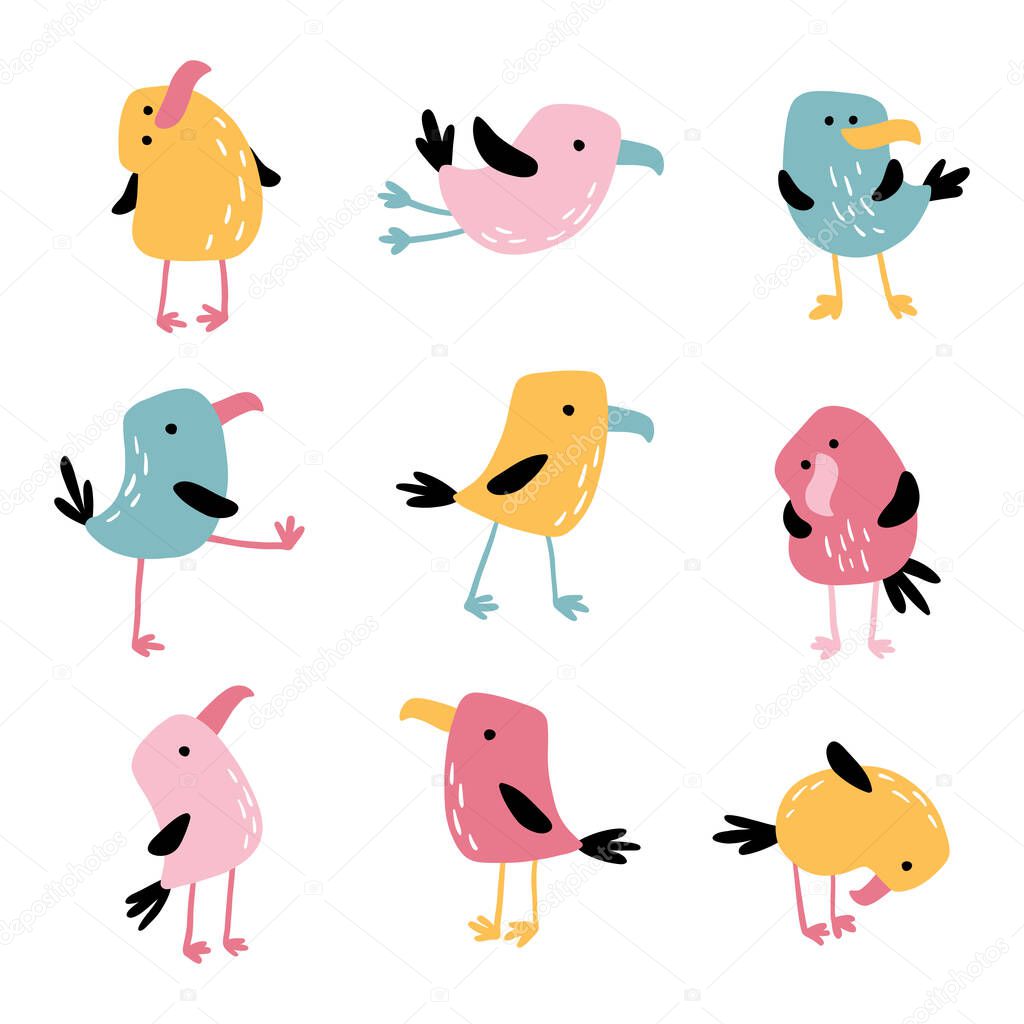 Tropical funny birds. Vector colorful parrots in simple flat hand-drawn cartoon style. Colorful isolate characters on a white background