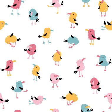 Tropik komik kuşlar kusursuz desen. Basit düz el çizimi çizgi film tarzında renkli papağanlar. Bebek tekstil, giysi, duvar kağıdı, ambalaj vs. için mükemmel