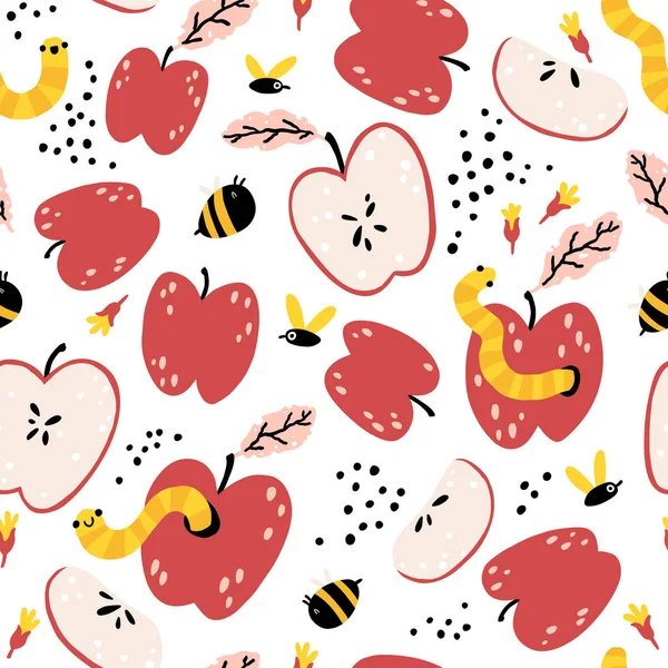 アップルワーム 果物とシームレスなパターン シンプルな漫画の手描きスタイルで自然な夏のカラフルな背景 面白いイラスト — ストックベクタ