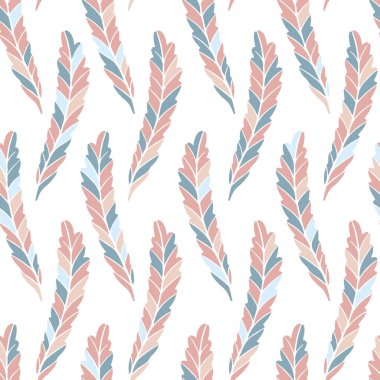 Renkli yapraklı, çiçeksiz desen. Basit İskandinav tarzında elle çizilmiş bir resim. Sınırlı pastel renkte minimalizm. Kumaş, tekstil, ambalaj, duvar kağıdı üzerine baskı yapmak için ideal