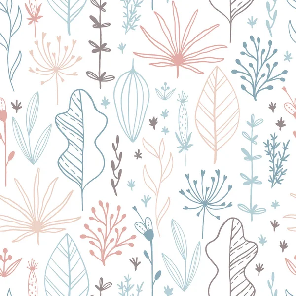 Yapraklar ve otlarla desenli çiçek deseni. Basit İskandinav tarzında sınırlı pastel renkte elle çizilmiş çizim çizimi. Kumaş, tekstil, ambalaj, duvar kağıdı üzerine baskı yapmak için ideal — Stok Vektör
