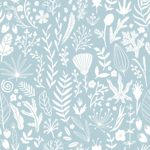 Yapraklar ve otlarla desenli çiçek deseni. Basit İskandinav tarzında sınırlı pastel renkte elle çizilmiş çizim çizimi. Kumaş, tekstil, ambalaj, duvar kağıdı üzerine baskı yapmak için ideal