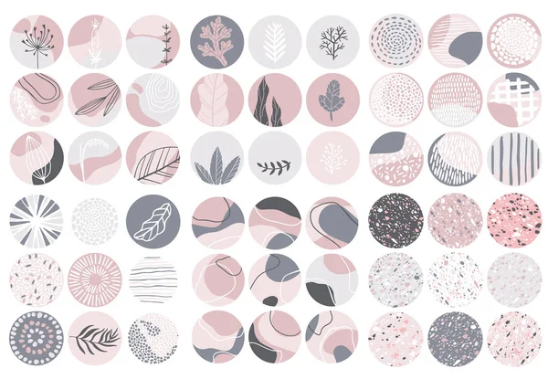 Örtüler. Çiçek elementleri, desenler ve pullarla birlikte bir pastel çıplak palette asgari büyüklükte soyut desenler. İzole edilmiş vektör arkaplan resmi beyaz bir arkaplan üzerinde bir daire içinde