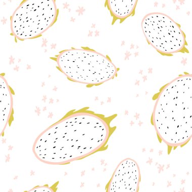 Ejderha meyvesi dilimi, pitahaya ve pitahaya ile modern egzotik vektör kusursuz desen. Renkli, minimalist tropikal arka plan. Tekstil, kumaş, baskı, ambalaj, duvar kağıdı için ideal.