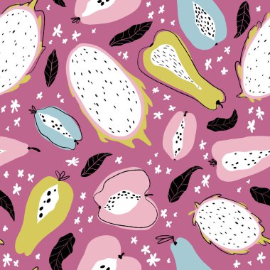 Egzotik meyveler, ejderha meyveleri, pitahaya, pitahaya, papaya, armut ve hurma dilimleriyle modern vektör kusursuz desen. Renkli, minimalist tropikal arka plan. Tekstil, kumaş, baskı için ideal