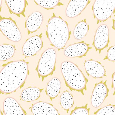 Ejderha meyvesi dilimi, pitahaya ve pitahaya ile modern egzotik vektör kusursuz desen. Renkli, minimalist tropikal arka plan. Tekstil, kumaş, baskı, ambalaj, duvar kağıdı için ideal