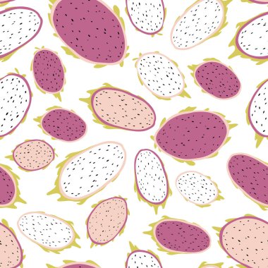 Ejderha meyvesi dilimi, pitahaya ve pitahaya ile modern egzotik vektör kusursuz desen. Renkli, minimalist tropikal arka plan. Tekstil, kumaş, baskı, ambalaj, duvar kağıdı için ideal