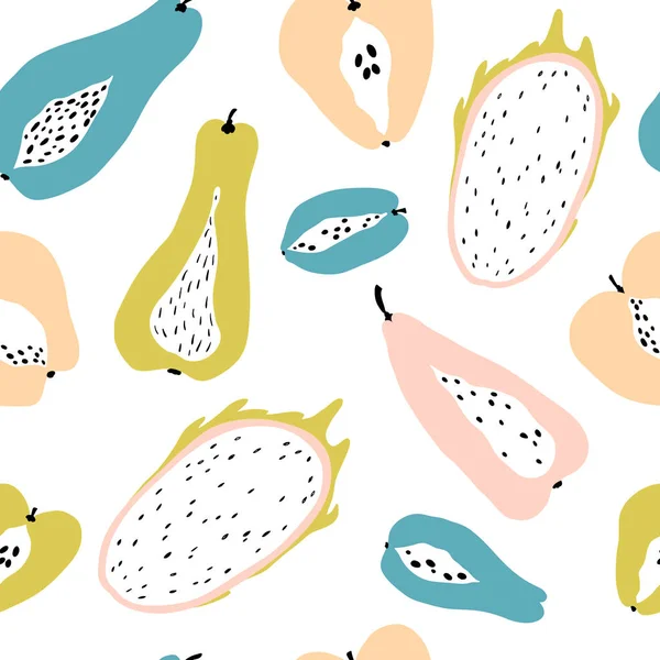 Modèle Sans Couture Avec Des Fruits Tropicaux Sur Fond Blanc — Image vectorielle