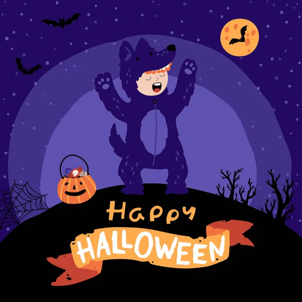 Halloween bal przebierańców. Dzieciak w kostiumie wilkołaka z wiadrem słodyczy. Nocne niebo tło, sylwetka magiczny las. Cute dziecinna ilustracja w kreskówki ręcznie rysowane stylu. Litery — Wektor stockowy