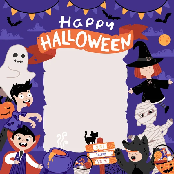 Halloween Einladungsvorlage für Kinder Kostümparty. Eine Gruppe von Kindern in verschiedenen Kostümen. Niedliche kindliche Illustration im handgezeichneten Cartoon-Stil. Ein Blatt altes Papier und Schriftzug — Stockvektor