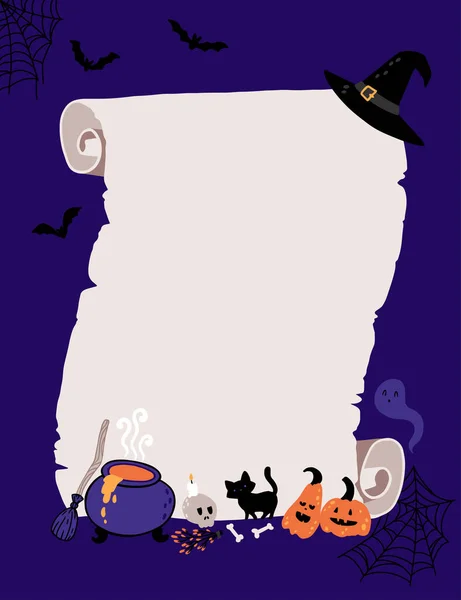 Halloween Uitnodiging sjabloon voor heks Kids Kostuum Partij. Oud papier met de attributen van een boze tovenares. Zwarte kat, ketel, bezem. Kinderachtige illustratie in cartoon met de hand getekend stijl. — Stockvector