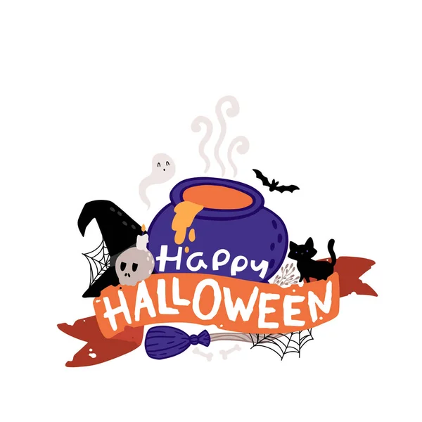 Lettrage de sorcière d'Halloween sur un vieux ruban avec chaudron, chat, fantôme, chapeau. Illustration vectorielle enfantine isolée dans un style dessiné à la main sur fond blanc — Image vectorielle