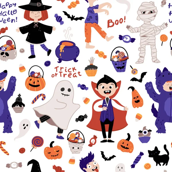 Halloween dzieci kostium strony bez szwu wzór. Dzieci w różnych kostiumach. Wektor ilustracja znaków Halloween, liternictwo, cukierki, i elementy w kreskówce ręcznie rysowane stylu. Białe tło — Wektor stockowy