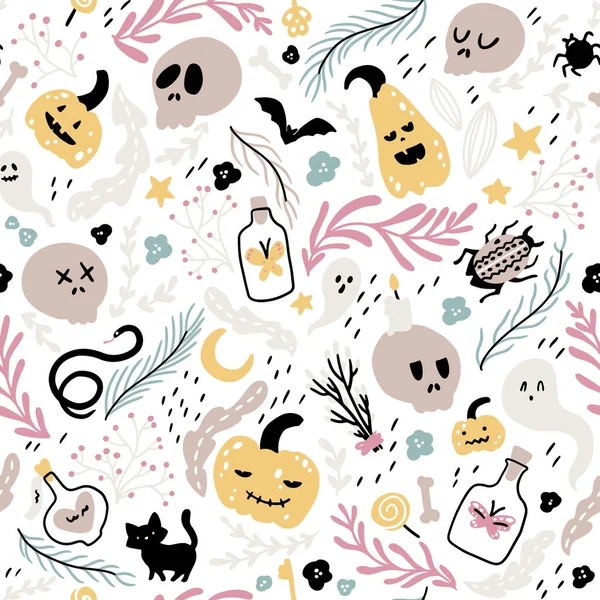 Halloween dzieci płynny wzór. Dziecinny wektorowy ilustracja kot, czaszka, dynia i drugi zły element w kreskówkowy ręcznie rysowany styl. Idealny do druku tkanin, pakowania — Wektor stockowy