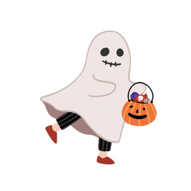 Bir kova şekerle cadılar bayramı hayaleti. Çocuk kostüm partisi. Basit el çizimi çizgi film tarzında elementleri olan sihirli karakterin çocuksu bir çizimi. Vektör izole edildi.