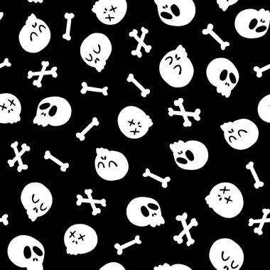 Cadılar Bayramı Kafatasları ve kemikleri kusursuz. Siyah arkaplana elle çizilmiş komik ölü yüzlerin çocuksu vektör çizimi. Kumaş yazdırma ve paketleme için ideal.