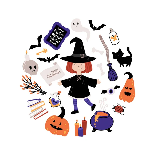 Heks Halloween Kids Kostuum Feestset Meisje Pak Voor Feestdagen Vector — Stockvector