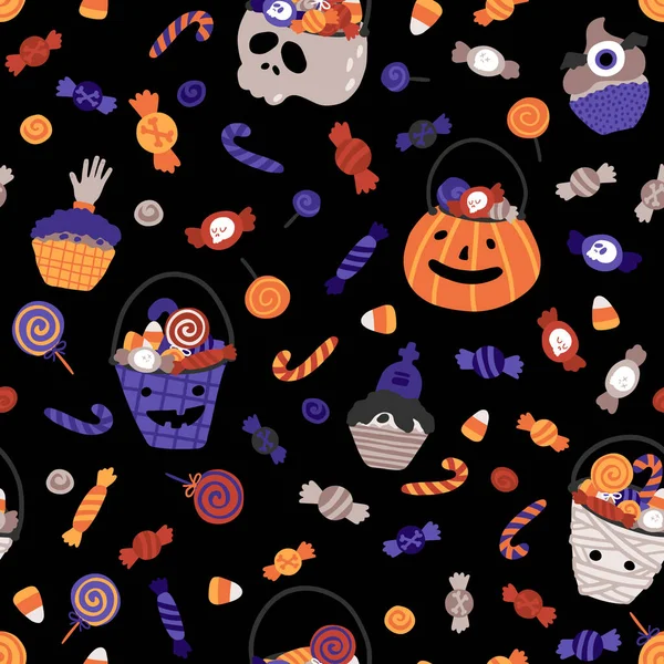 Seaux Bébé Halloween Avec Des Bonbons Motif Sans Couture Illustration — Image vectorielle
