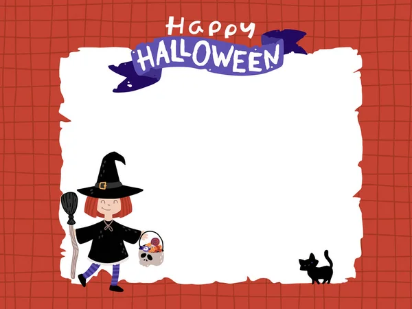 テンプレートの背景に黒猫とハロウィーンの魔女 子供の衣装パーティー シンプルな漫画の手描きスタイルで要素と魔法の文字のベクトル幼稚なイラスト — ストックベクタ