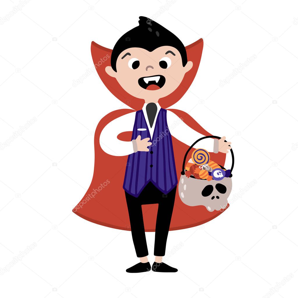 Halloween funny Vampire with a bucket of candy. Kids costume party. Cute childish illustration of magic character with elements in simple cartoon hand-drawn style. Vector isolated on white background