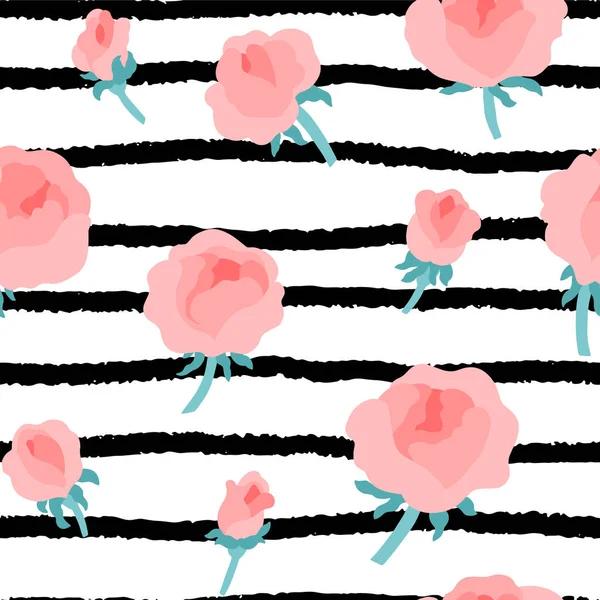 Pivoines roses sur un fond de rayures noires et blanches. Modèle vectoriel sans couture dans un style simple dessiné à la main. Fleurs de bande dessinée dans des couleurs roses colorées. Idéal pour l'impression sur tissu — Image vectorielle