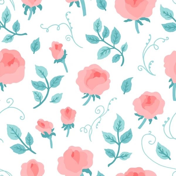 Rosen Pfingstrosen mit Blättern nahtlose Muster. Vektor-handgezeichnete Illustration isoliert auf weißem Hintergrund. Bunte niedliche Blumen in Pastell-Palette für Ihr Design, Einladungen, Hochzeitsdekoration usw.. — Stockvektor