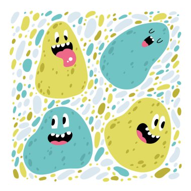 Yapışkan karakterler ayarlandı. Renkli canavarların farklı duyguları olan komik yüzler basit bir el çizimi tarzında. Beyaz arkaplanda izole edilmiş çocuksu illüstrasyon