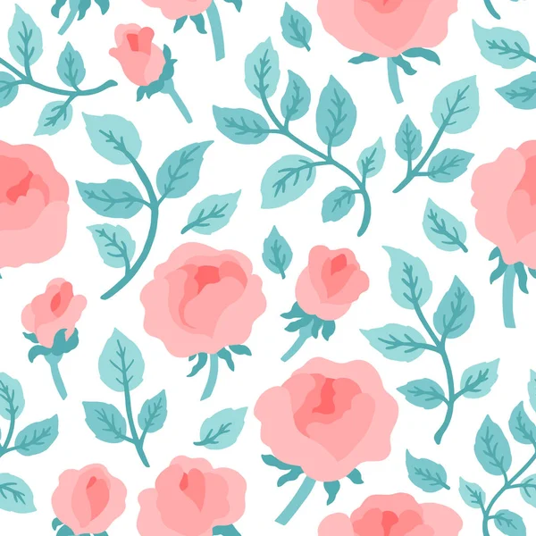 Rozenpioenrozen met bladeren naadloos patroon. Vector met de hand getekende illustratie geïsoleerd op witte achtergrond. Kleurrijke schattige bloemen in pastel palet voor uw ontwerp, uitnodigingen, bruiloft decoratie, enz.. — Stockvector