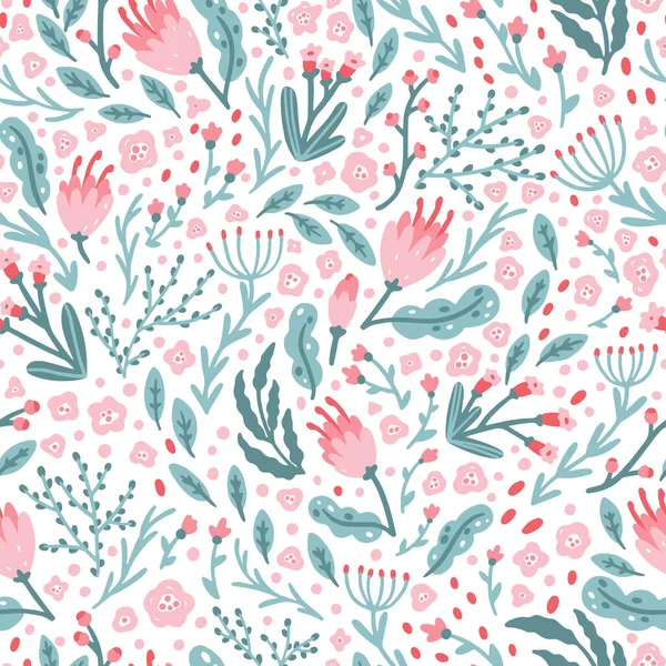 Lindo patrón floral de flores pequeñas en colores pastel. Impresión de Ditsy. Ilustraciones dibujadas a mano en un estilo escandinavo simple. Ideal para la impresión de textiles, ropa de bebé, telas, fondos de pantalla — Vector de stock