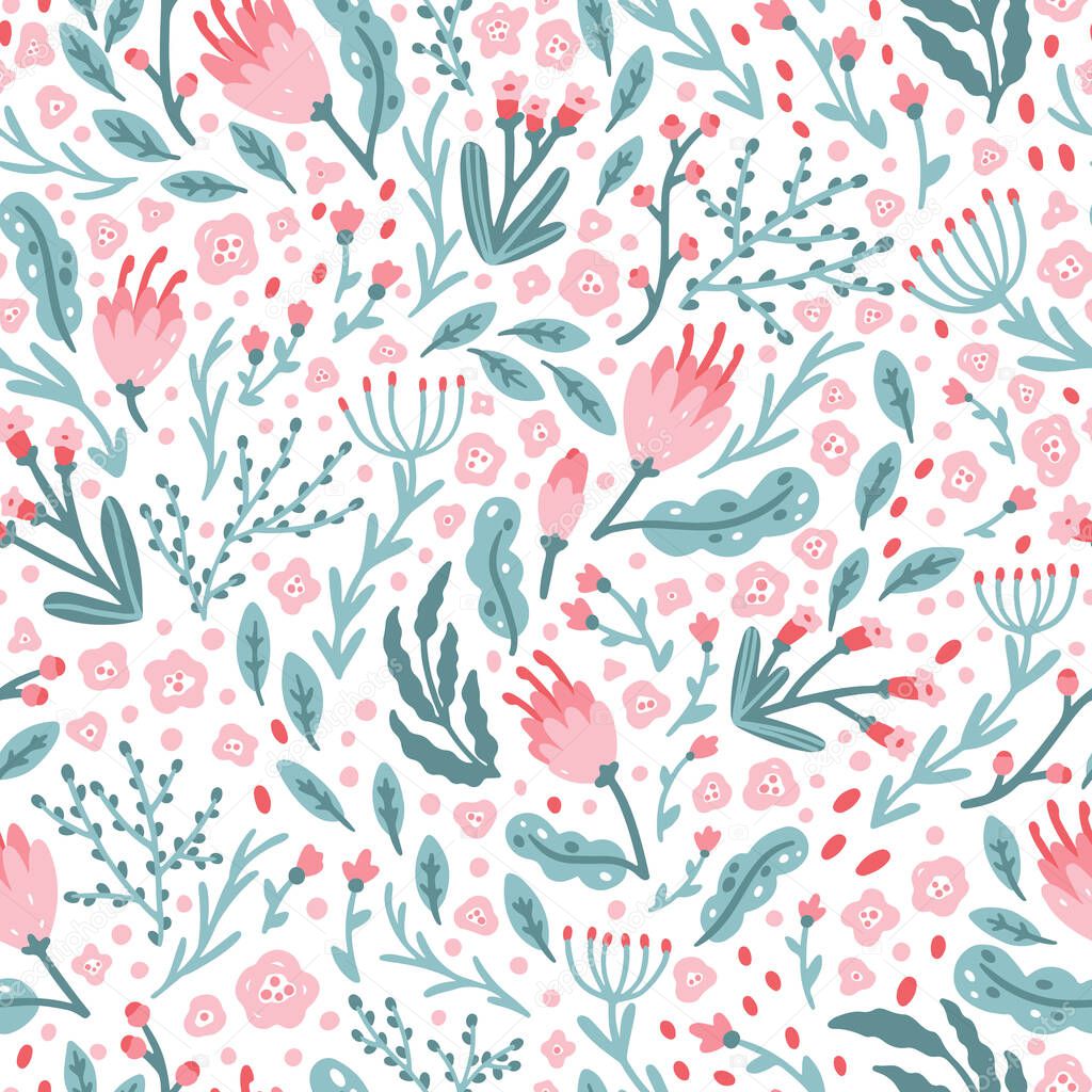 Cute floral pattern of small flowers in pastel colors. Ditsy print. Hand-drawn illustrations in a simple Scandinavian style. Ideal for printing textiles, baby clothes, fabrics, wallpapers