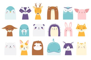 Sevimli hayvanlar seti, basit çizgi film tarzında çocukça çizimler.