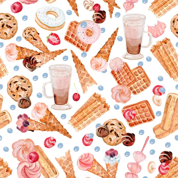 a fun pattern of sweets and lattes on a white background. waffles and doughnuts