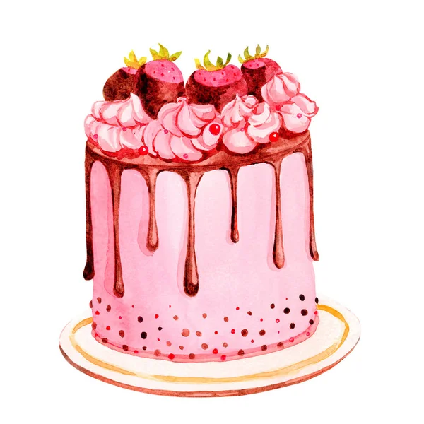 Illustration White Background Chocolate Strawberry Cake Whipped Cream Plate — Stock Photo, Image