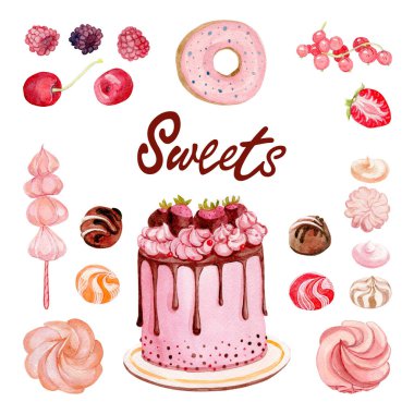 Pasta, böğürtlen ve suluboya şekerler. Beyaz arka planda bir takım elementler. İzole edilmiş.