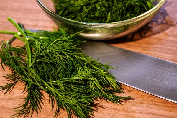 Green Dill Garden Board Cut Knife — Stock Photo, Image
