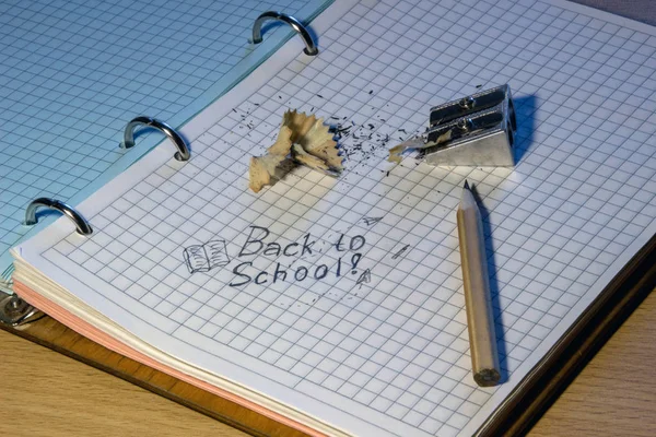 Inscripción Cuaderno Celda Volver Escuela Lápiz — Foto de Stock