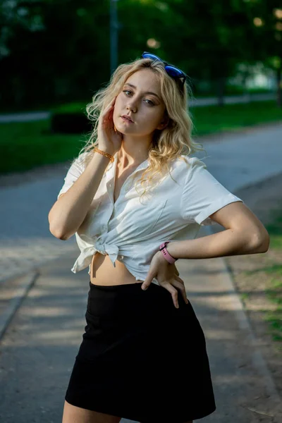 Teenage Girl Black Skirt White Blouse Light Elegant Hair Sunglasses — Stock Photo, Image