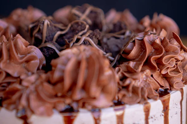 Exquisito Pastel Chocolate Casero Decorado Con Crema Chocolate Brownies Parte — Foto de Stock