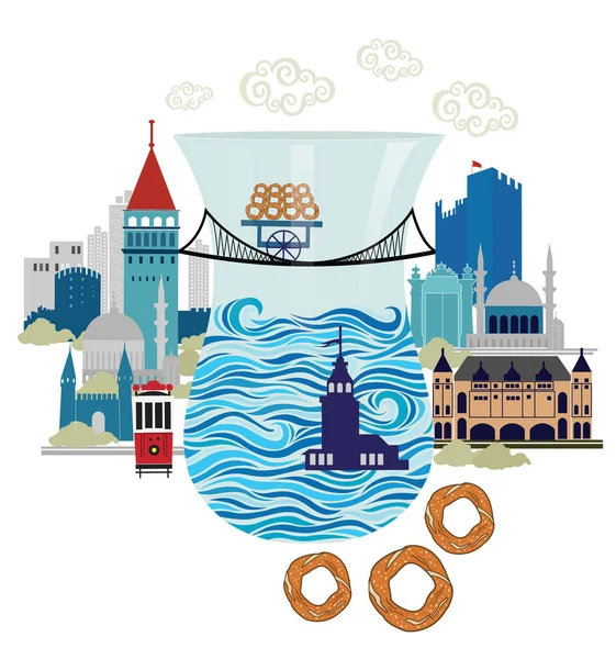 Istanbul Silhouette Mit Bagel Und Tee — Stockvektor