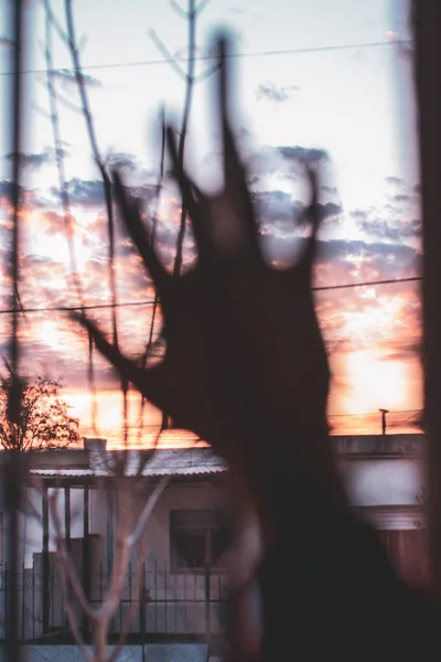 hand in window a sunset time