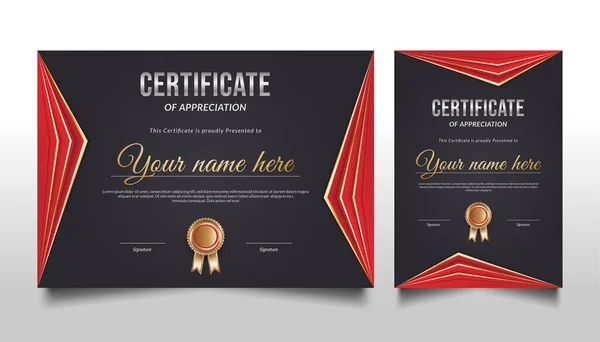 Modelo Certificado Geométrico Elegante Com Ornamentos Vermelhos Dourados —  Vetores de Stock