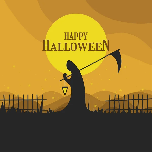 Joyeux Halloween Salutation Avec Faucheuse Sombre Tenant Faux Fond Tombe — Image vectorielle