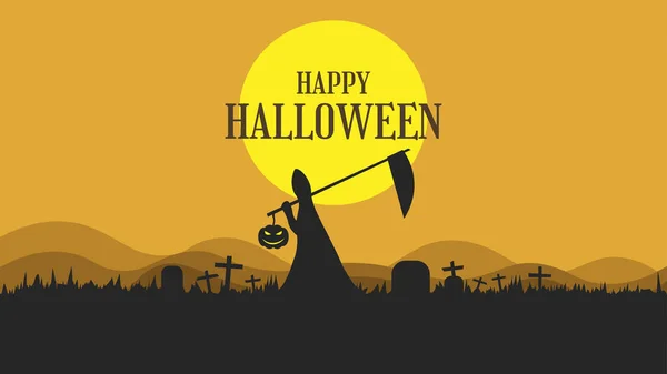 Fond Halloween Avec Faucheuse Sombre Marchant Sur Tombe Effrayante — Image vectorielle