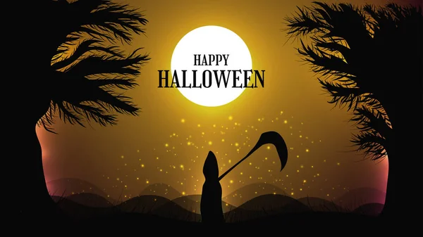 Przerażające Ilustracja Tło Ponury Żniwiarz Gospodarstwa Kosa Halloween Celebration — Wektor stockowy