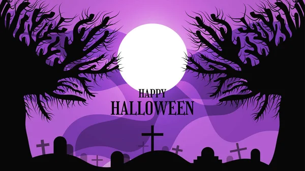 Fundo Assustador Halloween Com Árvores Silhueta Grave Luar —  Vetores de Stock