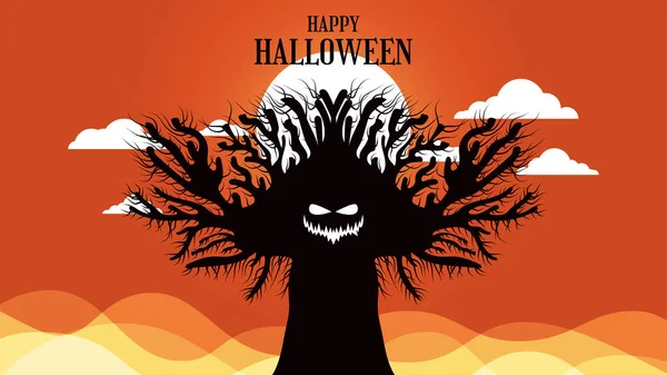 Griezelige Halloween Achtergrond Met Griezelige Boom Glimlachend Onder Wolken Maanlicht — Stockvector