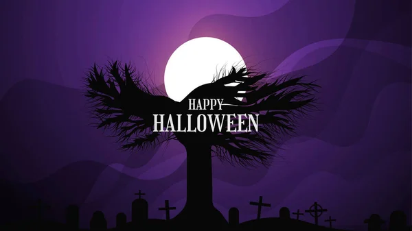 Griezelige Halloween Achtergrond Met Griezelige Boom Silhouetten Grafstenen Onder Maanlicht — Stockvector