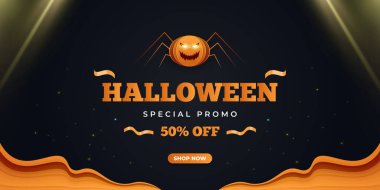 Ürkütücü örümcekler ve parlayan ışıklarla Cadılar Bayramı indirimi afişi. Çevrimiçi alışveriş ilanı